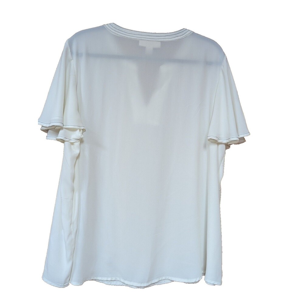 Emaline Woman Off WhitePleated V-Neck Flutter Sleeve Polyester Chiffon Blouse 2X